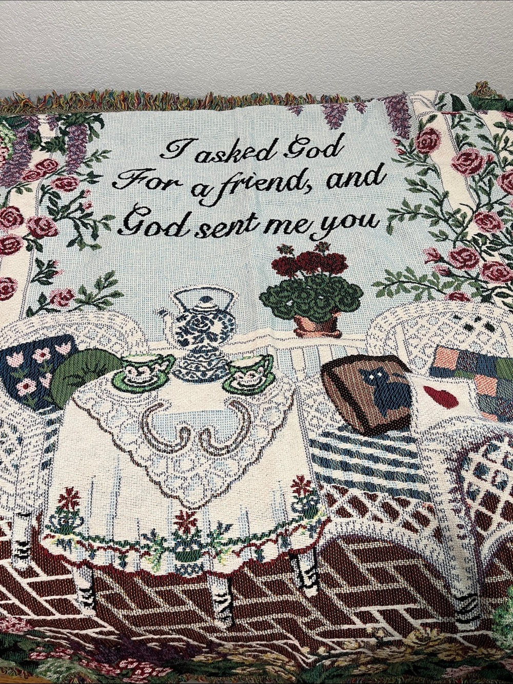Goodwin Weavers Garden Throw Blanket Fringe Friend Floral Cat Cottagecore Cotton